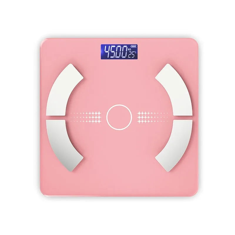 Smart Bluetooth body fat scale in white measuring weight, fat, calories and moisture