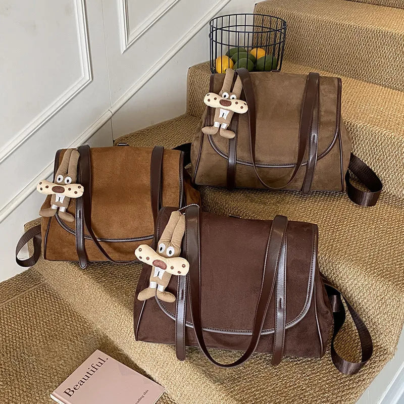 Women's large capacity retro suede briefcase in brown with pendant, PU leather, medium-soft finish