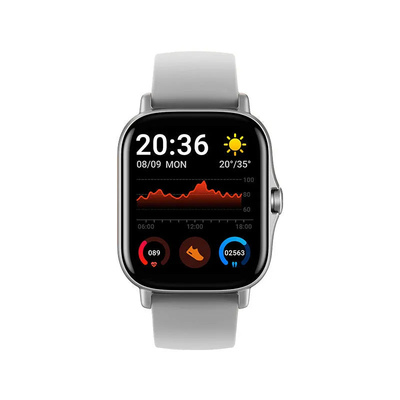 GT20 black smartwatch on wrist showing heart rate monitoring screen