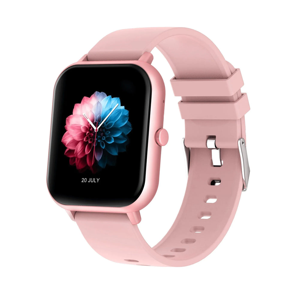 Bluetooth smart watch with heart rate monitor on wrist in black, pink, or silver grey colour.