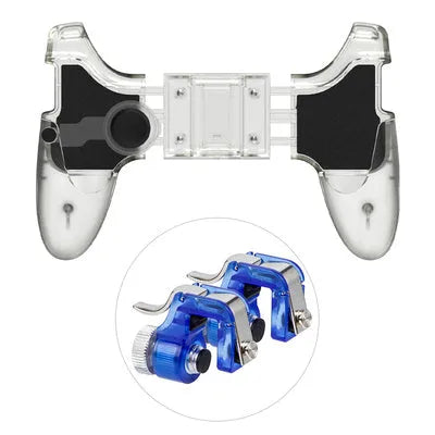 Black mobile phone game controller with dual analogue sticks and trigger buttons for plug-in gaming control