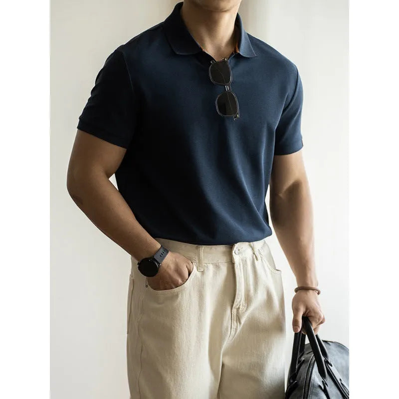 Men's blue American-style short-sleeve polo shirt on a hanger