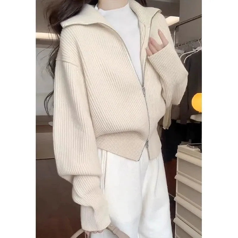 Hong Kong style floral patterned double zipper knitted cardigan in loose fit