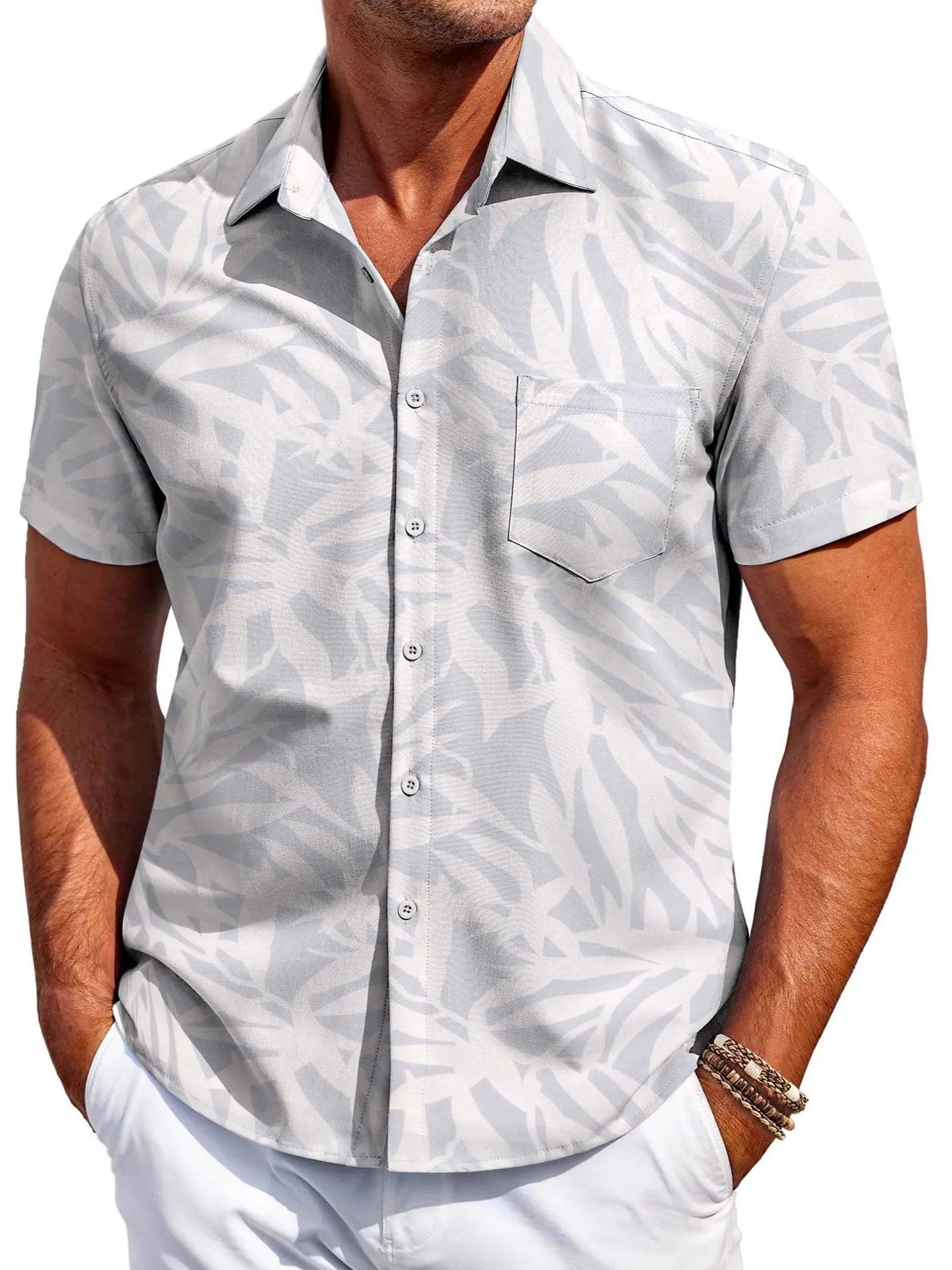 Men's slim fit Hawaiian short sleeve shirt in elastic polyester fabric on hanger