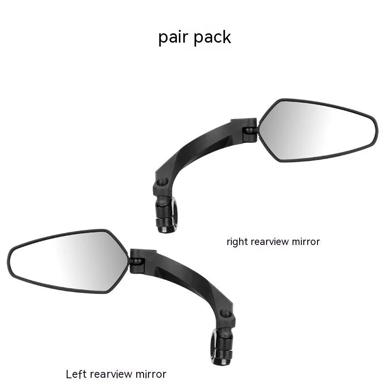 Black rotatable acrylic rearview mirror for mountain bike handlebars.