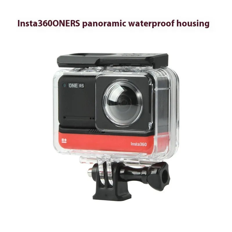 Transparent Insta360 One RS waterproof case measuring 9cm by 8cm by 4.5cm