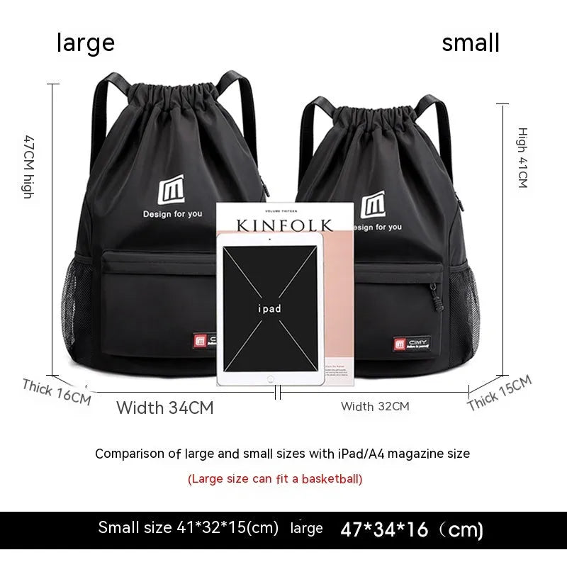 Oxford waterproof drawstring travel backpack in multiple colours showing foldable design and shoulder straps