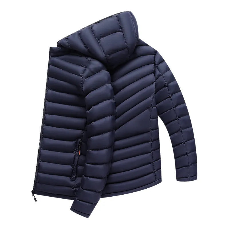 Men's lightweight down jacket with detachable hood in black, army green or blue colour