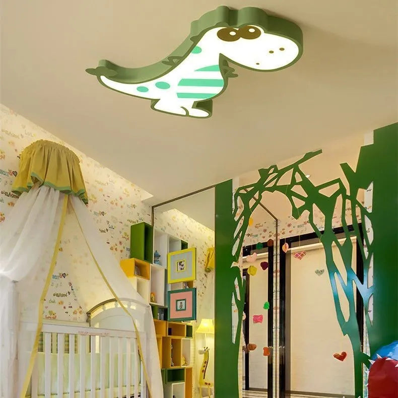 Cartoon dinosaur ceiling light with 48cm diameter aluminium body and PVC shade in green colour