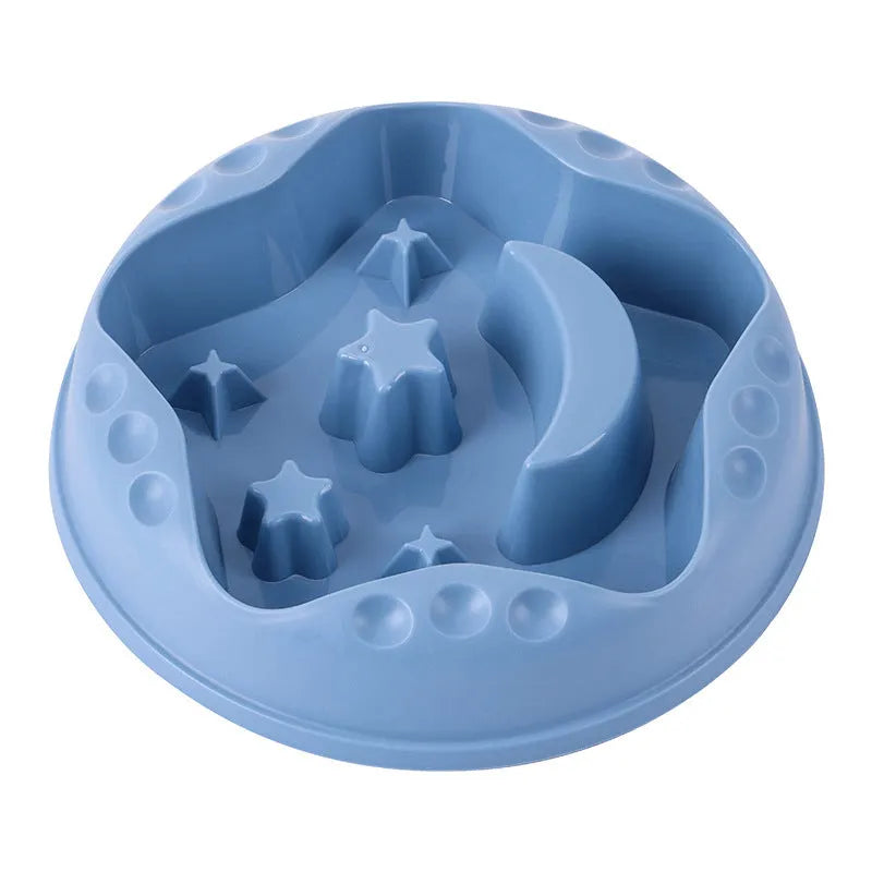 Moon Star Wings slow feed dog bowl with interior ridges and non-slip base in assorted colours.