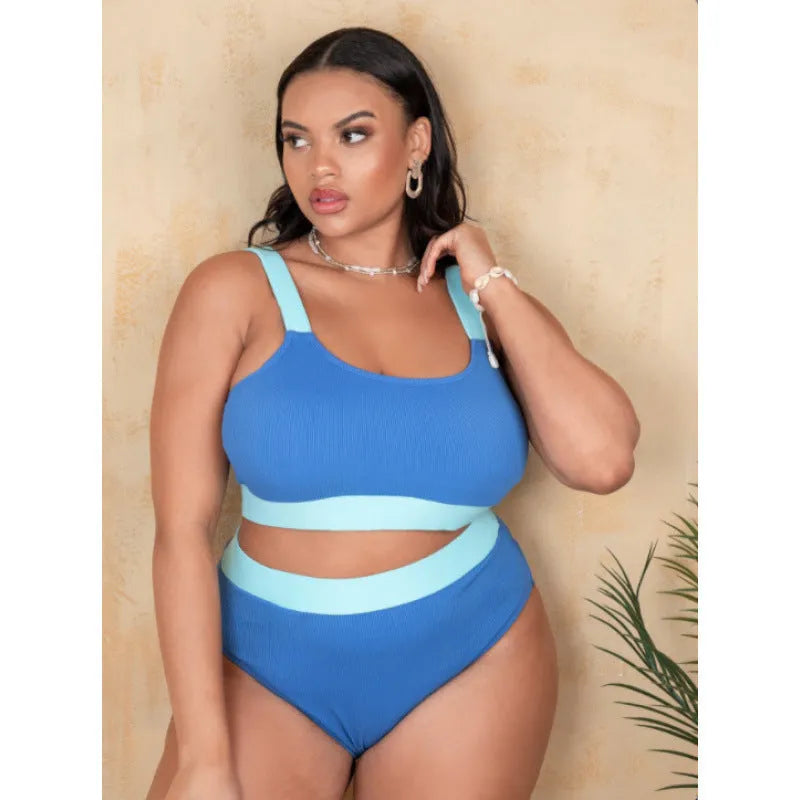 Women's high waisted polyester bikini swimsuit set in briefs style with stitching detail