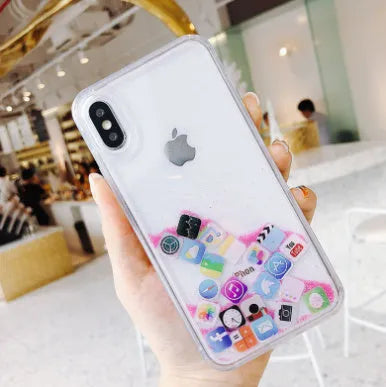 Glittering quicksand TPU back cover for iPhone in gold colour, showing flowing glitter particles inside the clear case