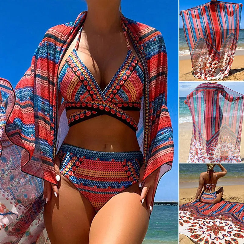 Women's three-piece swimsuit set showing high-waist briefs, cutout sleeveless top, and matching coat in coordinating colours