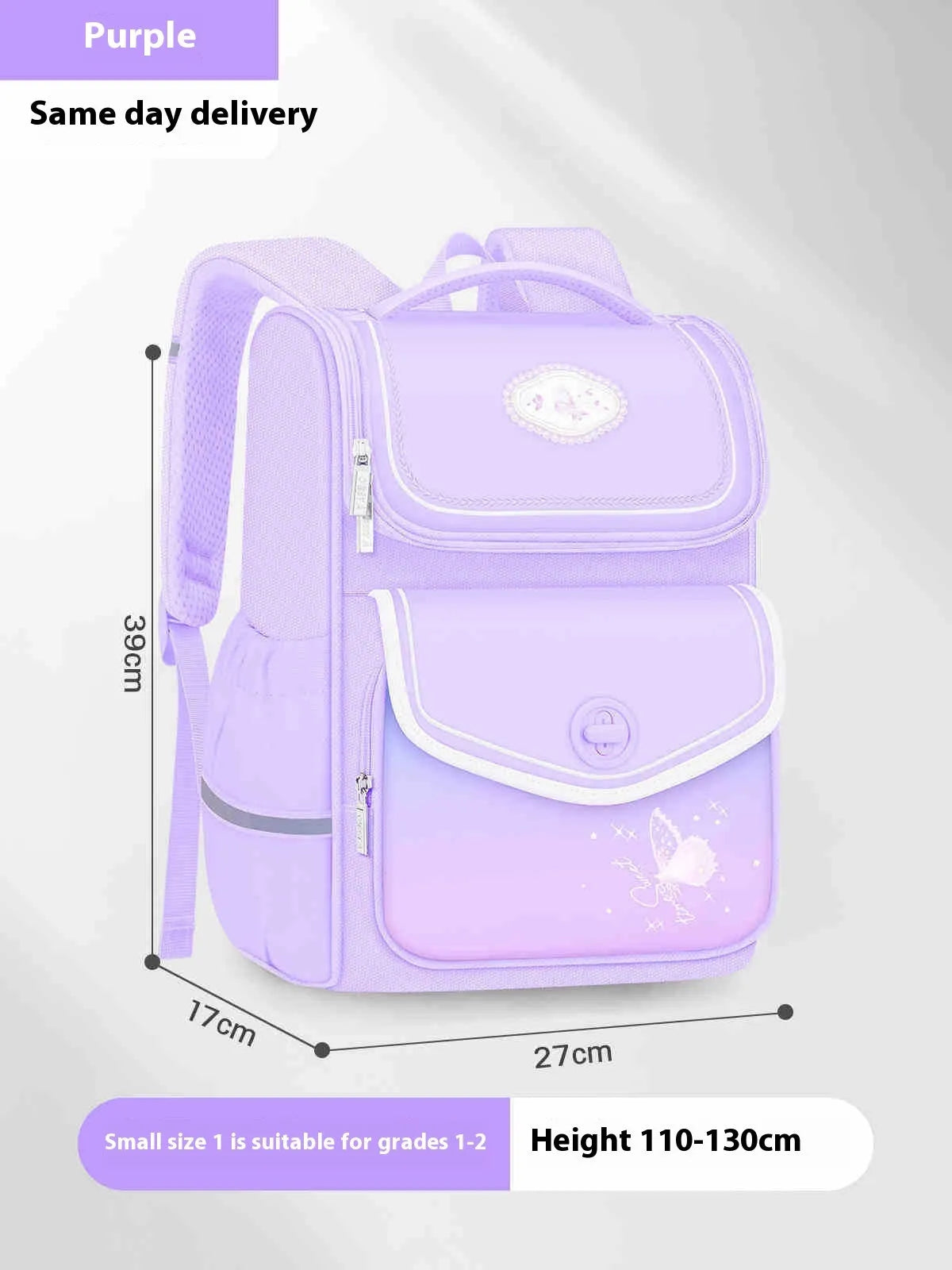 Girls waterproof schoolbag in pink, purple and green colours with large and small size options