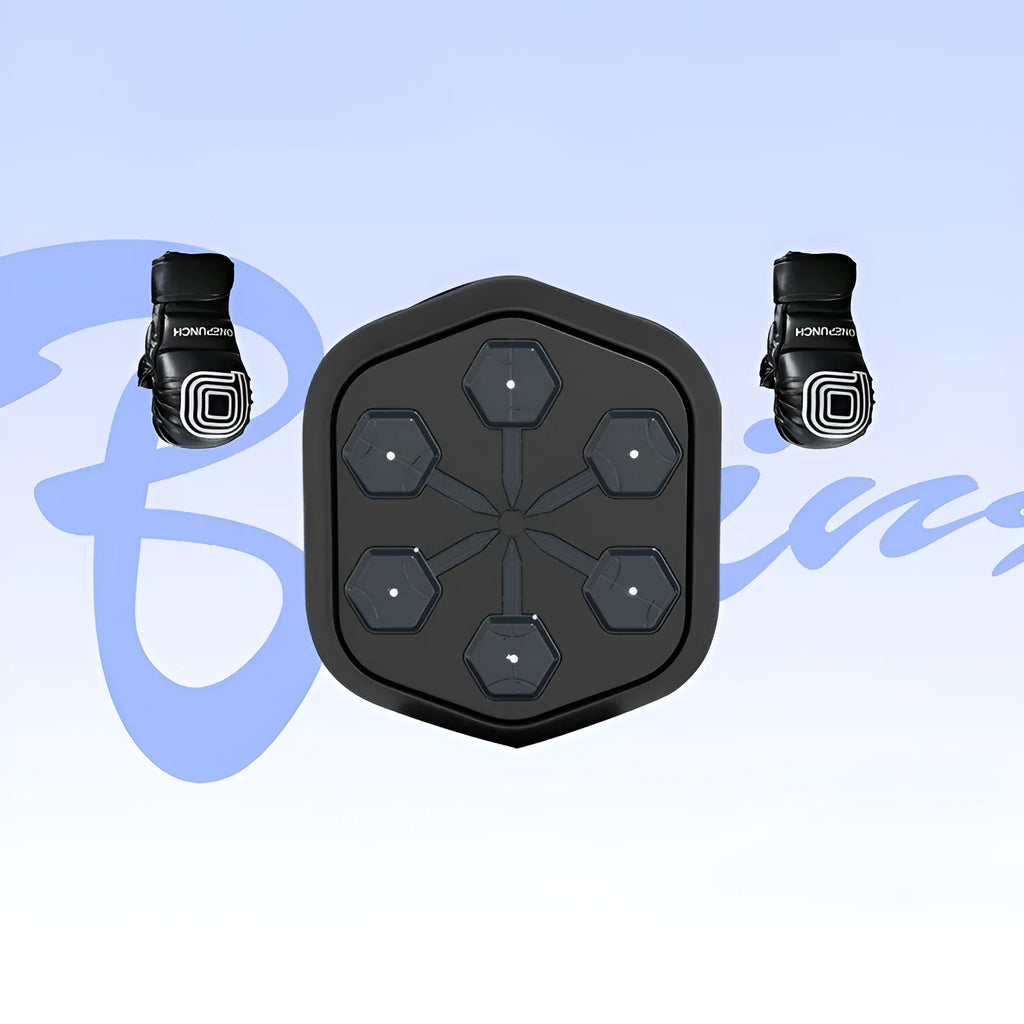 Black smart music boxing machine with Bluetooth connection and included boxing gloves
