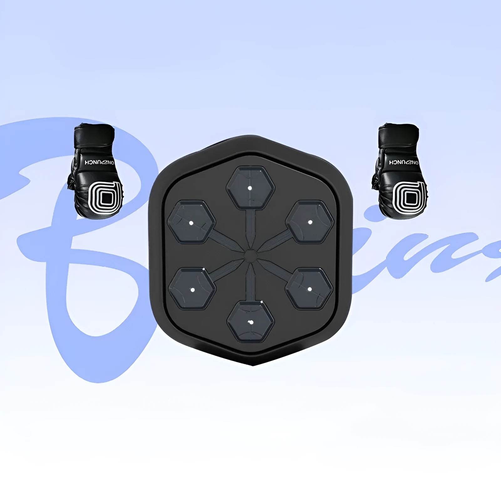 Black smart music boxing machine with Bluetooth connection and included boxing gloves