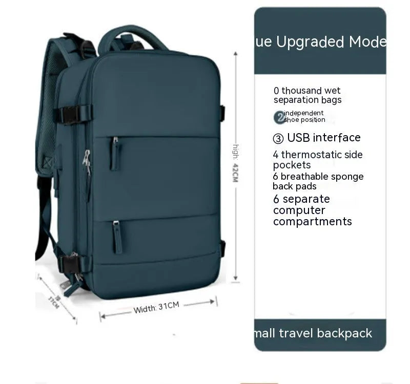 Large black nylon mummy-style travel backpack with a waterproof lining.