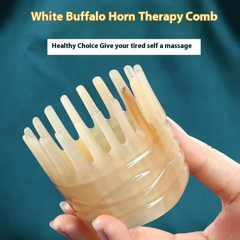 White buffalo horn head massage comb with multiple tooth configuration options for meridian scalp stimulation