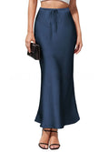 Acetate satin asymmetric skirt with irregular stitching in high-waist design, showing colour options