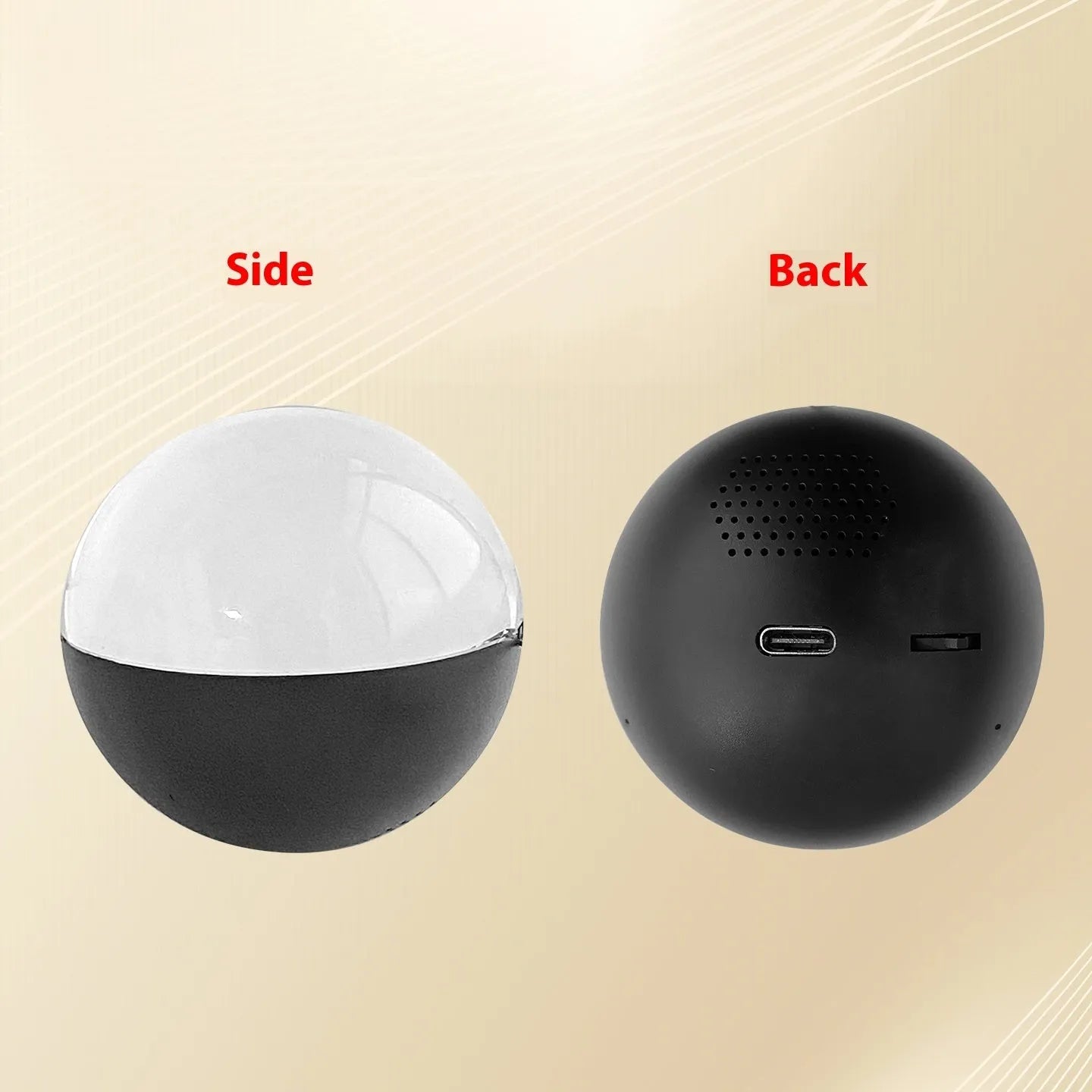 Electronic ball video player with round screen in multiple colour options showing Type-C charging port