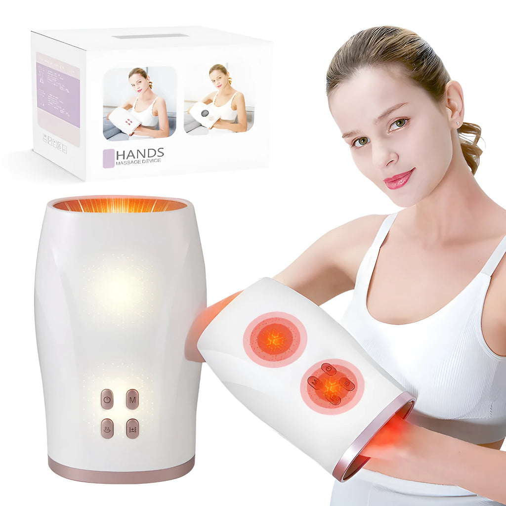White portable hand massager with heat and air compression for hand pain relief, USB rechargeable design
