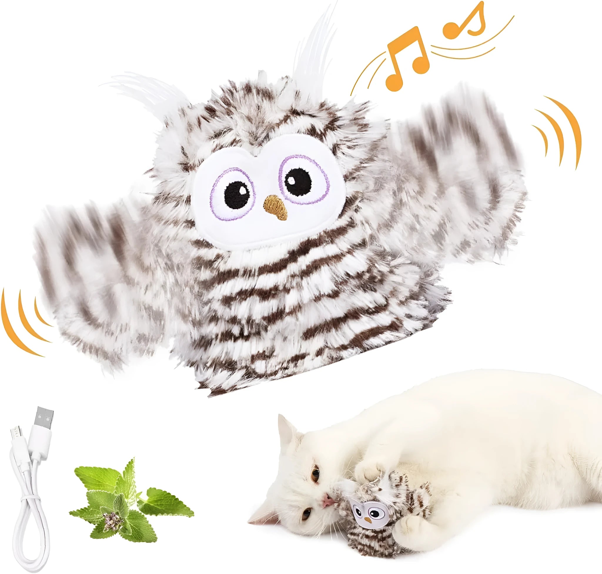 Grey plush owl automatic cat toy with beating wings on flat surface with USB charging cable