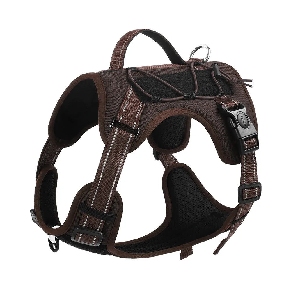 Orange reflective dog harness with explosion-proof breast strap and black hand-holding rope laid flat
