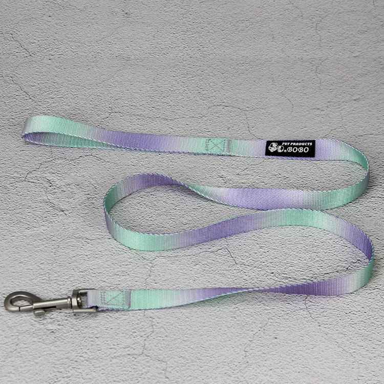 Gradient colour nylon dog leash set showing pink and yellow colour blend on a chest back harness style.