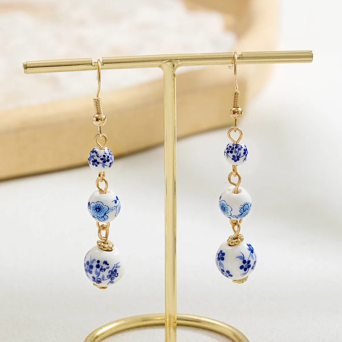 Blue and white porcelain ceramic bead geometric retro earrings with alloy construction