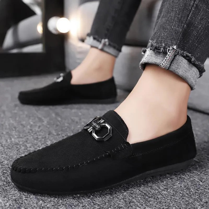 Men's black and grey suede casual shoes with rubber soles showing breathable summer design