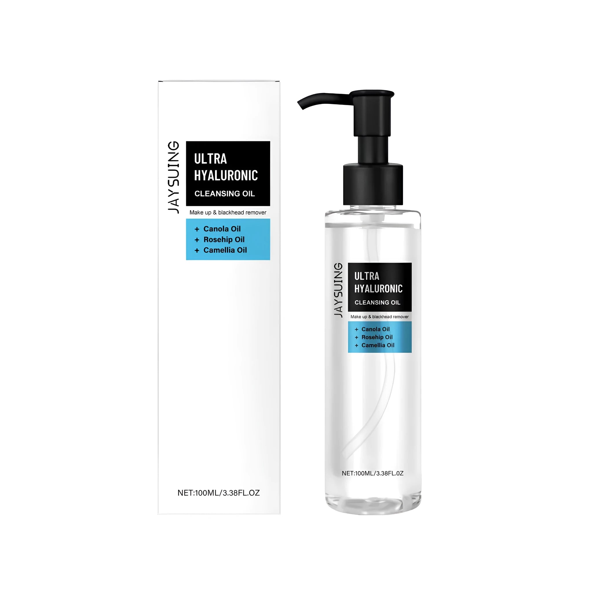 100ml bottle of hyaluronic acid and rose hip oil makeup remover cleansing oil.