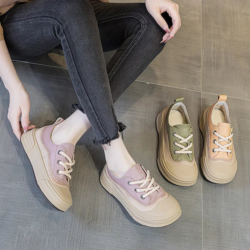 Women's leather platform sneakers in matcha green, purple, or orange with round toe and lace-up front.