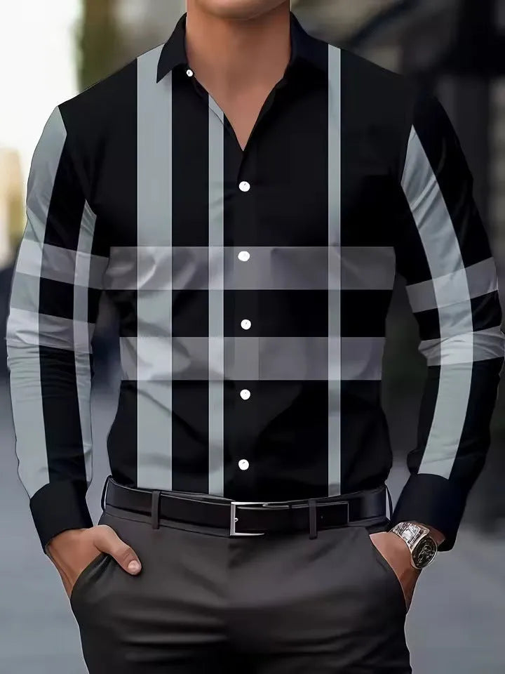 Man wearing a printed long sleeve shirt with a button lapel collar, showing the striped pattern.
