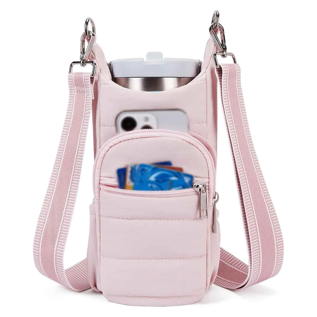 Water bottle kettle bag designed for bicycle mounting in black, pink, or beige cloth construction