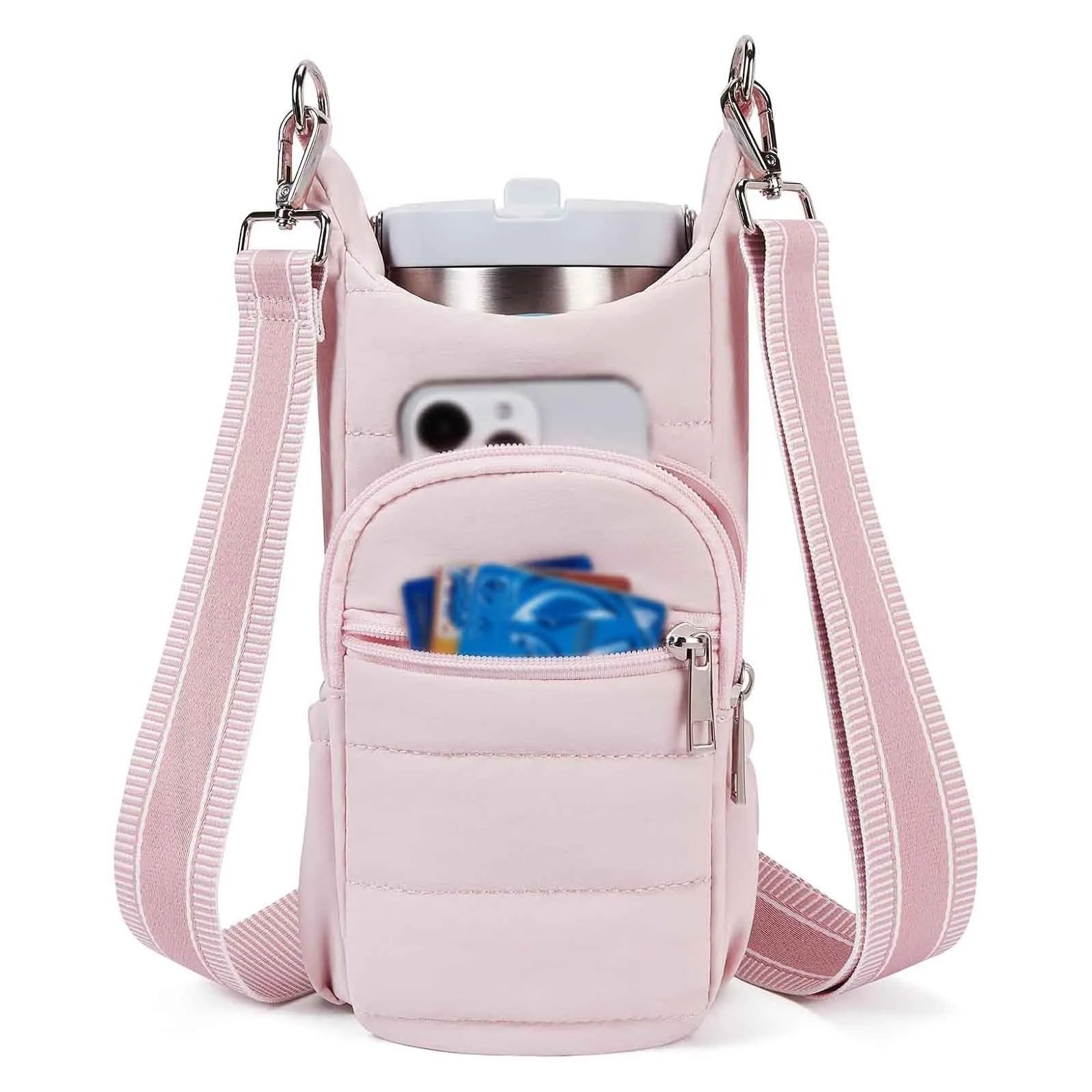 Water bottle kettle bag designed for bicycle mounting in black, pink, or beige cloth construction