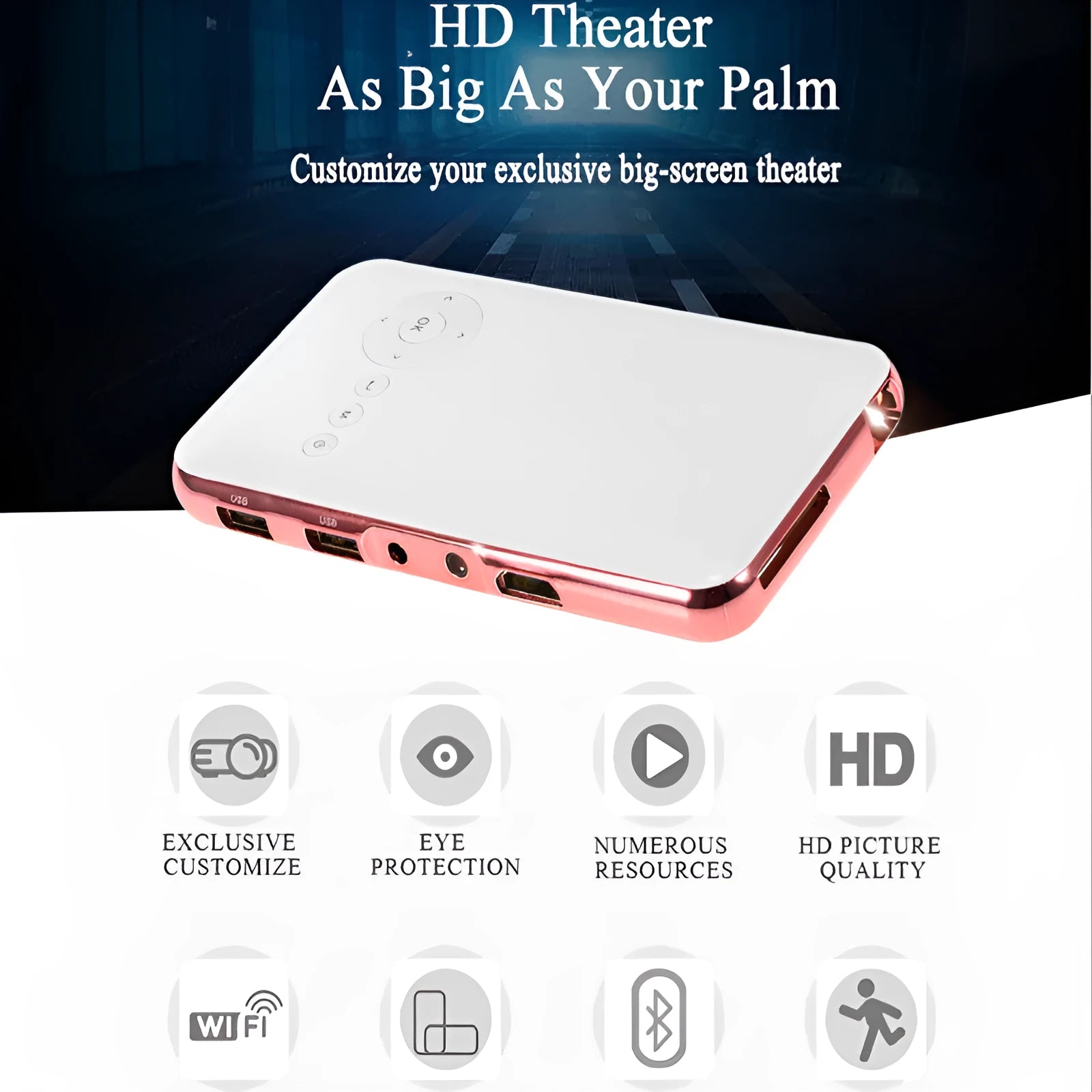 White and rose gold M6S miniature portable DLP Android projector with 32GB memory on a table.