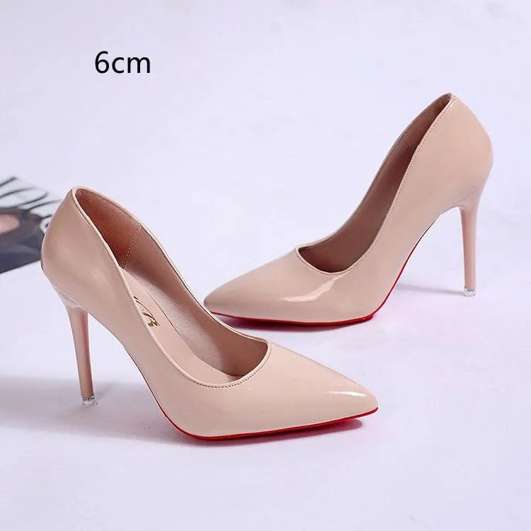 Women's solid colour pointed toe stiletto heel pumps with shallow mouth design and rubber sole