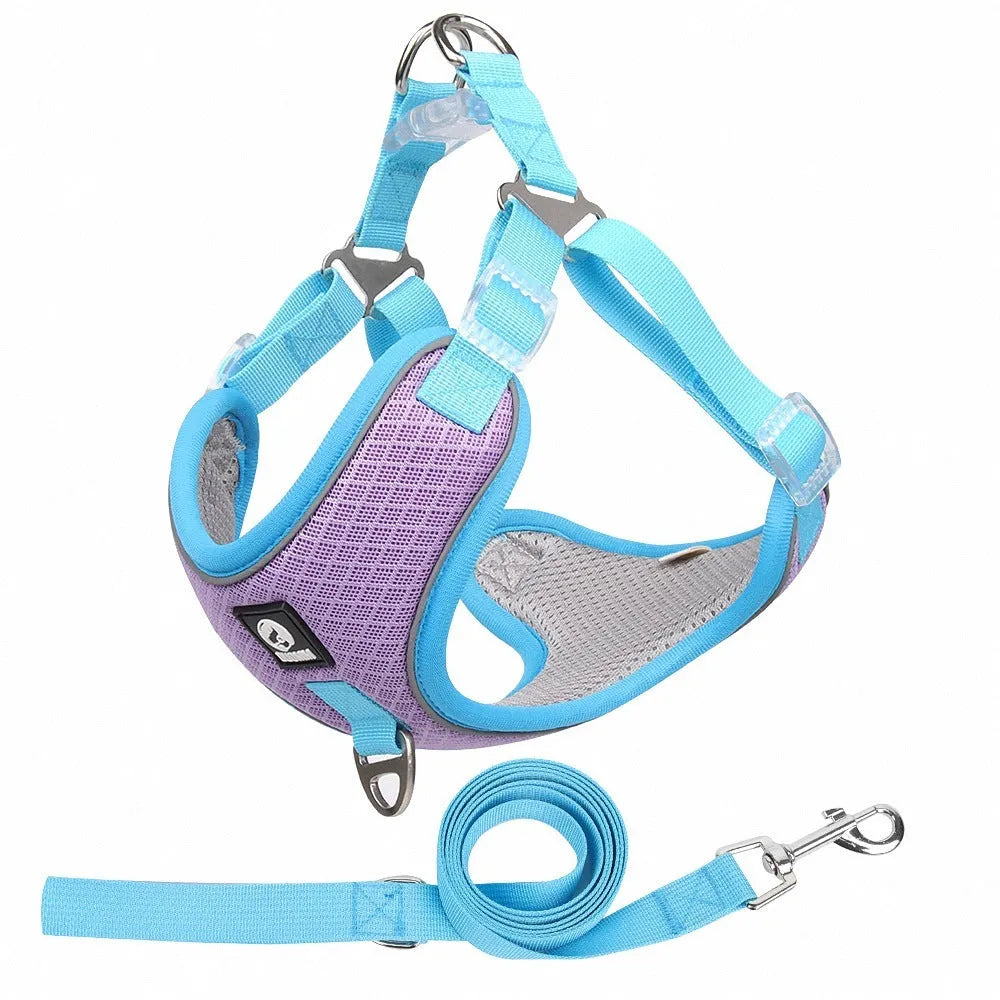 Adjustable mesh dog harness with reflective trim in black red grey or light purple colours