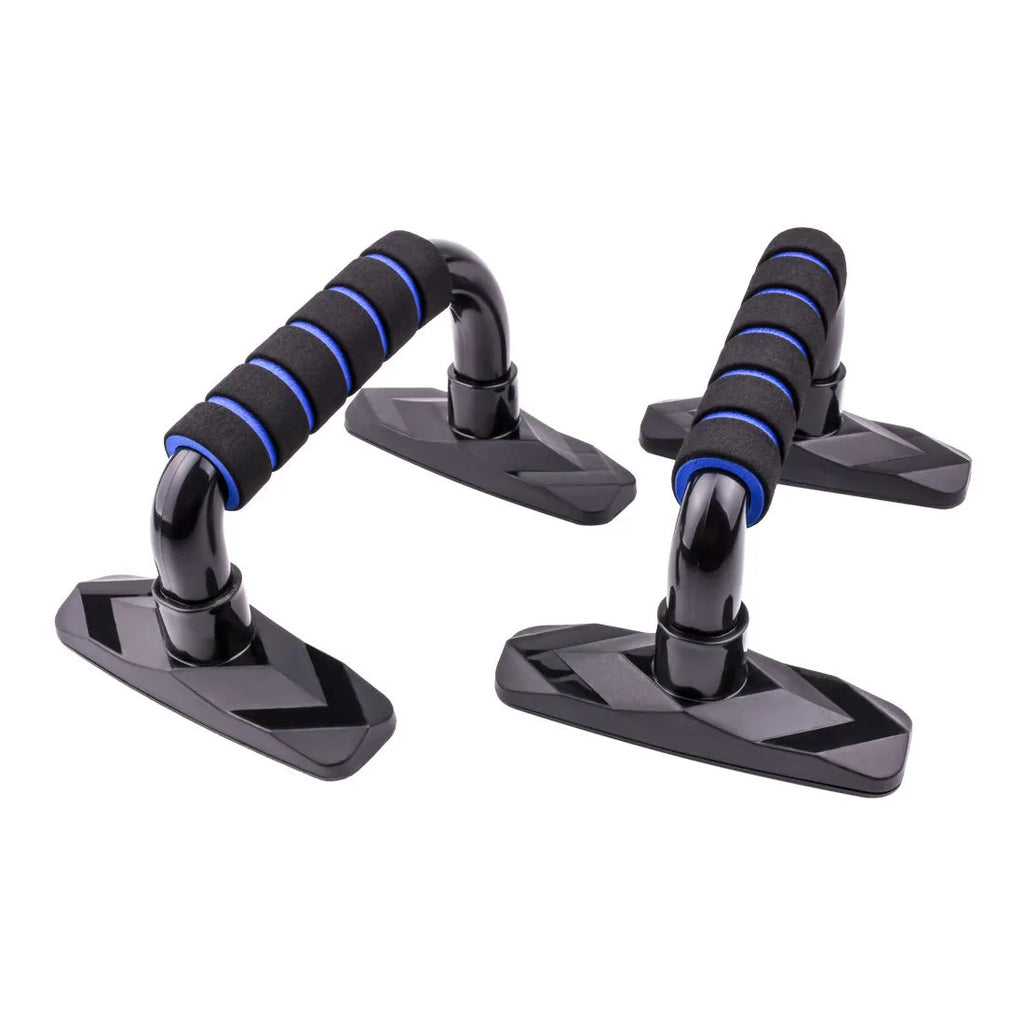 A pair of diamond-shaped push-up bars with blue PP sponge handles on a gym floor.