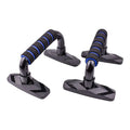 A pair of diamond-shaped push-up bars with blue PP sponge handles on a gym floor.