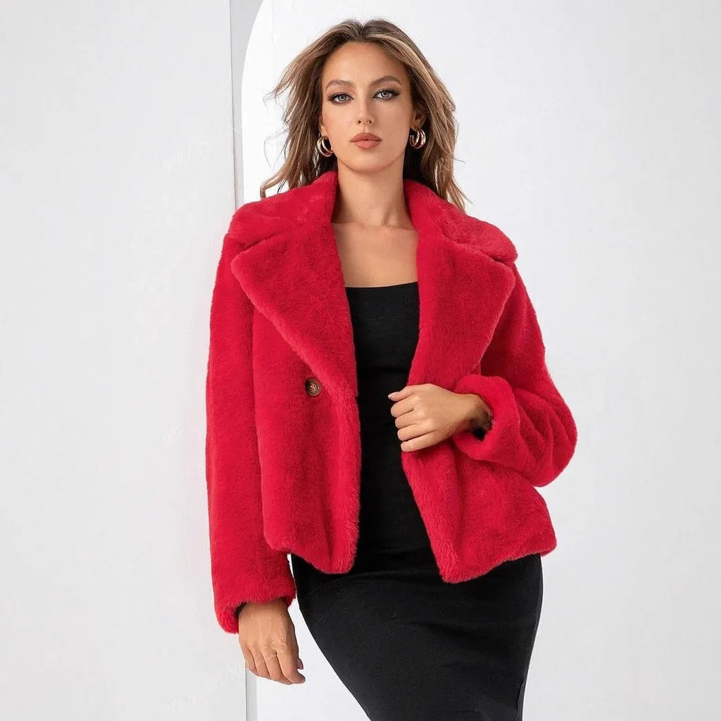 Women's rose red faux fur coat with regular sleeves and 50cm length