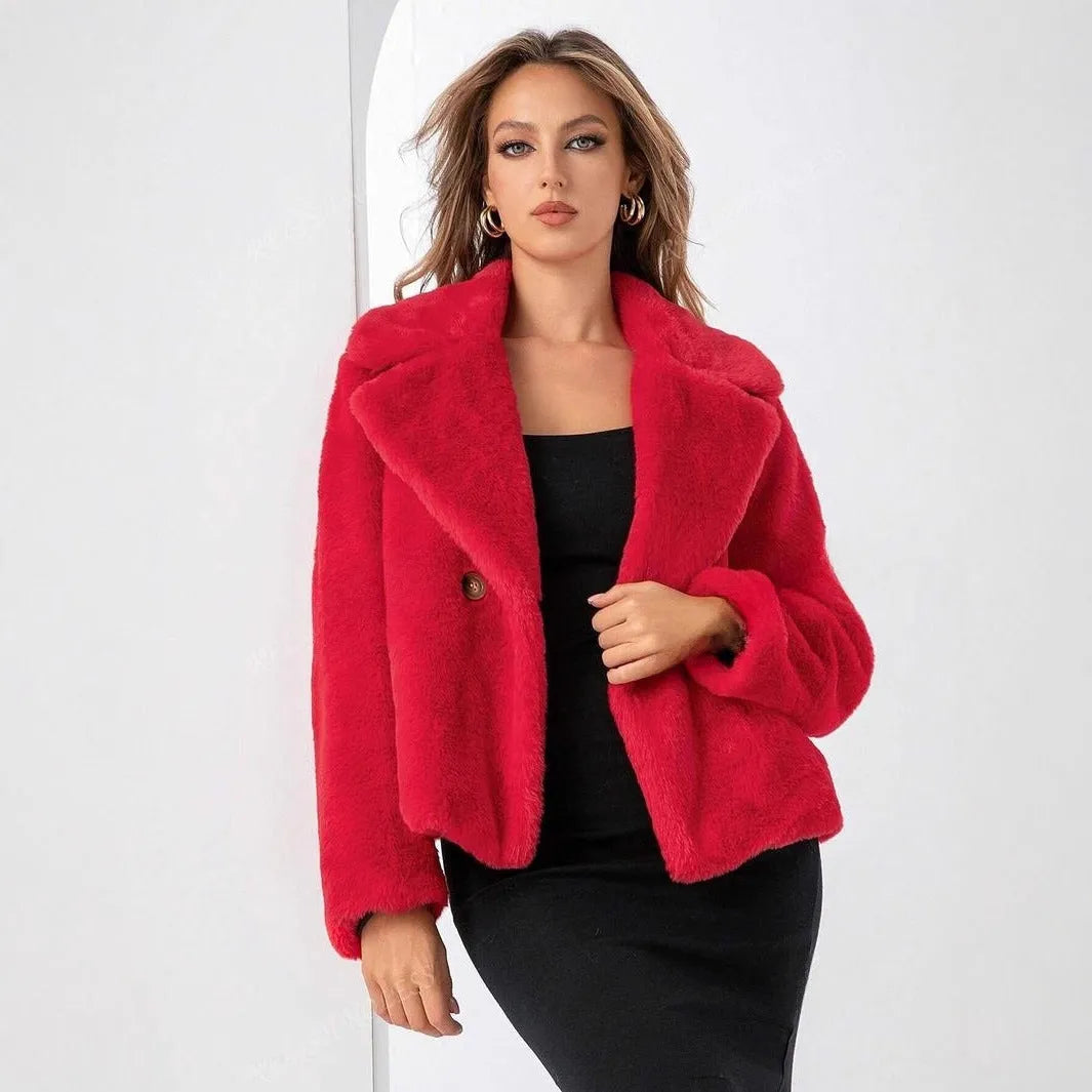 Women's rose red faux fur coat with regular sleeves and 50cm length