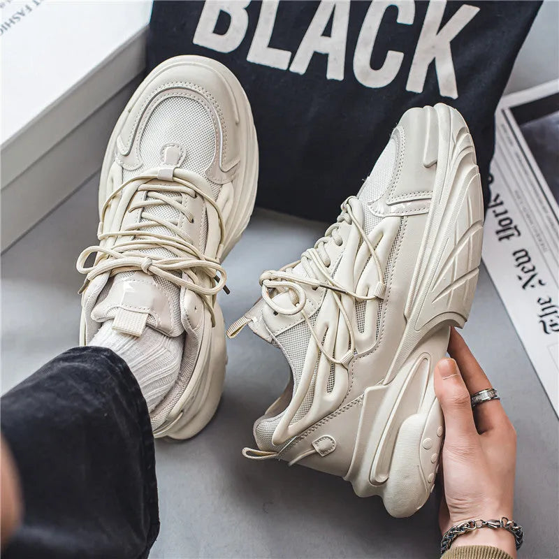 Men's beige mesh sneakers with lace-up front and rubber sole